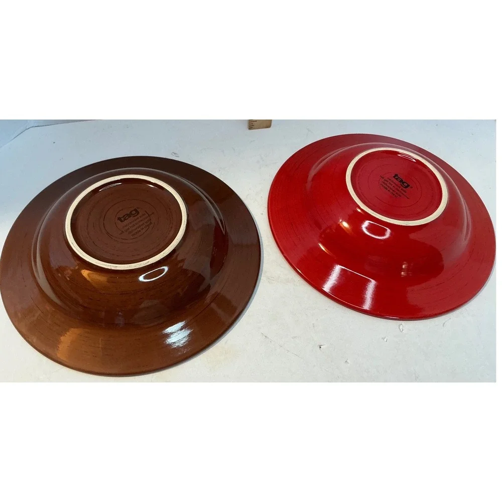 Tag Pasta Bowls Set of 2 Red Brown Wide Rim Stoneware 9 Inch Casual Dining
